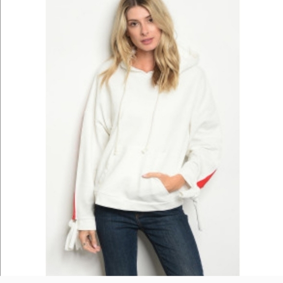 NEW Boutique Hoodie White Red Boutique Ties Over sized Stripes 5 ☆ Fav Cotton - Picture 2 of 5